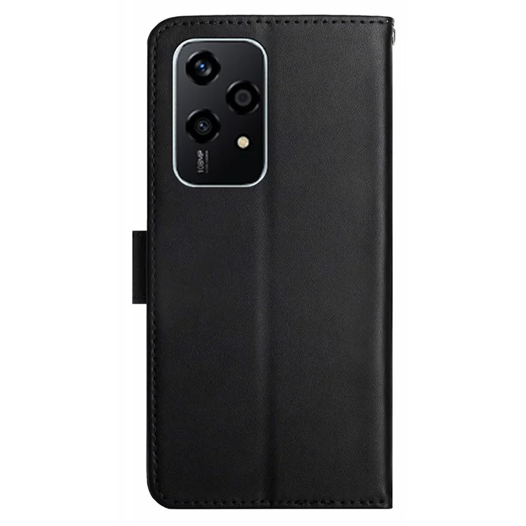 HT02 For Honor 200 Lite Case Genuine Cow Leather Phone Shell Nappa Texture Stand Cover - Black