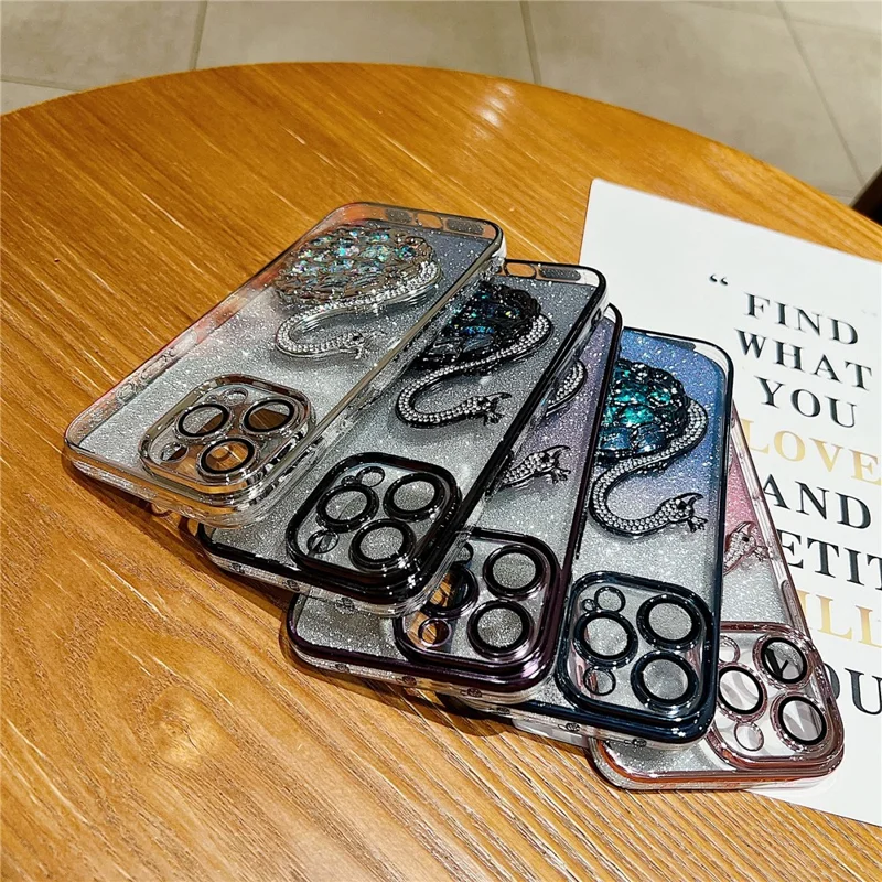 For iPhone 13 Pro Max 6.7 inch Case Quicksand Swan Glitter Phone Cover with Glass Lens Film - Blue