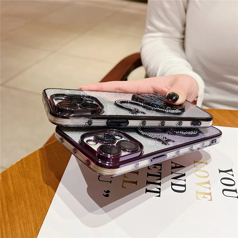 For iPhone 13 Pro Max 6.7 inch Case Quicksand Swan Glitter Phone Cover with Glass Lens Film - Blue