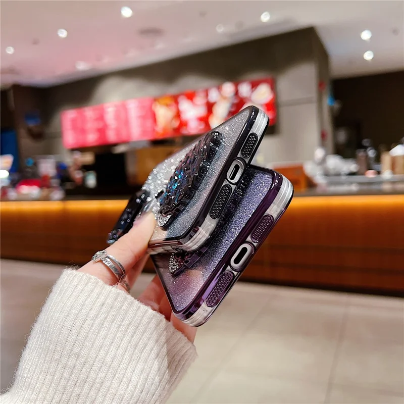 For iPhone 13 Pro Max 6.7 inch Case Quicksand Swan Glitter Phone Cover with Glass Lens Film - Blue