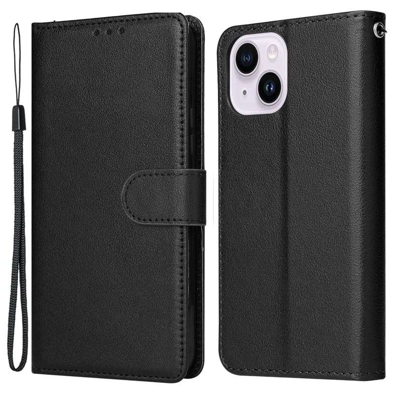 For iPhone 14 Protective Case Anti-Drop PU Leather Wallet Phone Cover - Black
