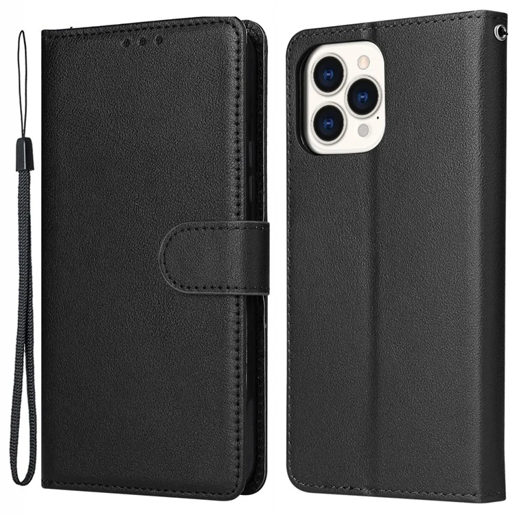 Pour iPhone 13 Pro Max 6,7 pouces Étui en cuir synthétique Portefeuille Flip Phone Cover avec dragonne - Noir