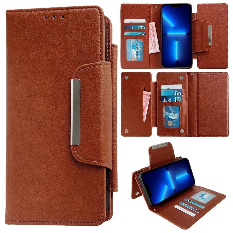For iPhone 13 Pro Max 6.7 inch Case Detachable Wallet PU Leather+TPU Phone Cover - Brown