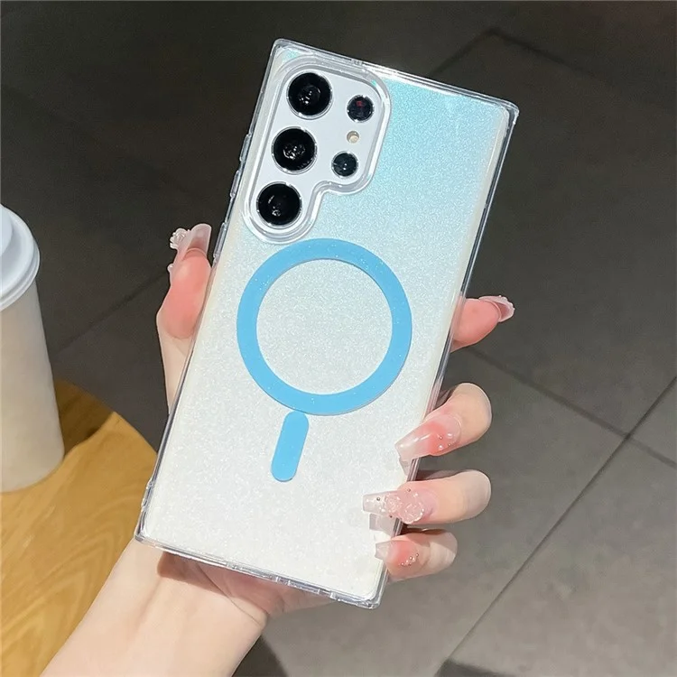 For Samsung Galaxy S22 Ultra 5G Magnetic Phone Case TPU+PC Anti-drop Clear Glitter Cover - Blue