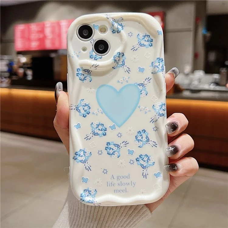 For iPhone 14 Back Case Soft TPU Pattern Printing Back Phone Cover - Blue Floral