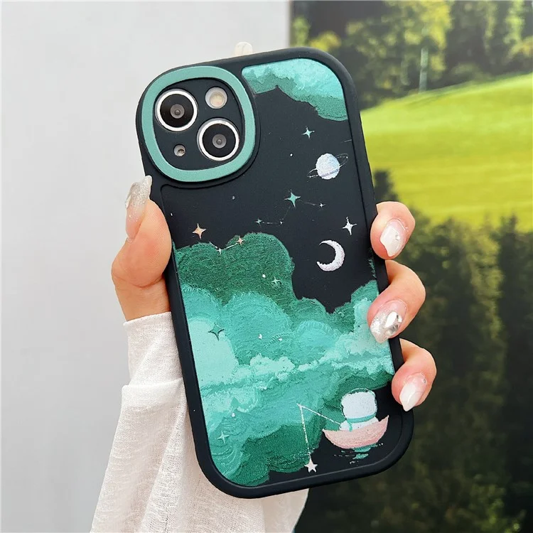 Para iPhone 14 Case Soft TPU Padrão Impresso Borda Redonda Capa de Telefone - STX70 Preto