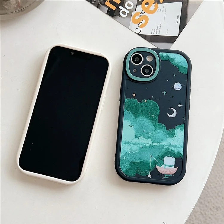 Para iPhone 14 Case Soft TPU Padrão Impresso Borda Redonda Capa de Telefone - STX70 Preto