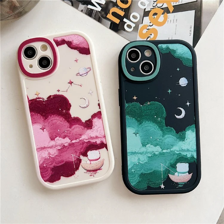 Para iPhone 14 Case Soft TPU Padrão Impresso Borda Redonda Capa de Telefone - STX70 Preto
