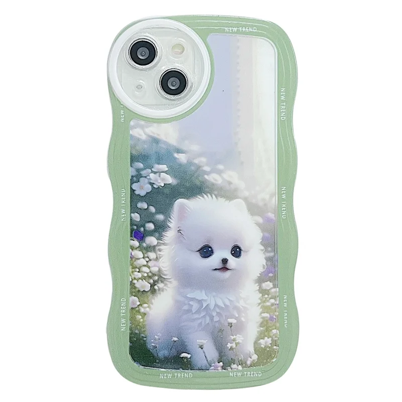 For iPhone 15 Case Curly Wave Frame Pattern Printed TPU Phone Cover - Dog