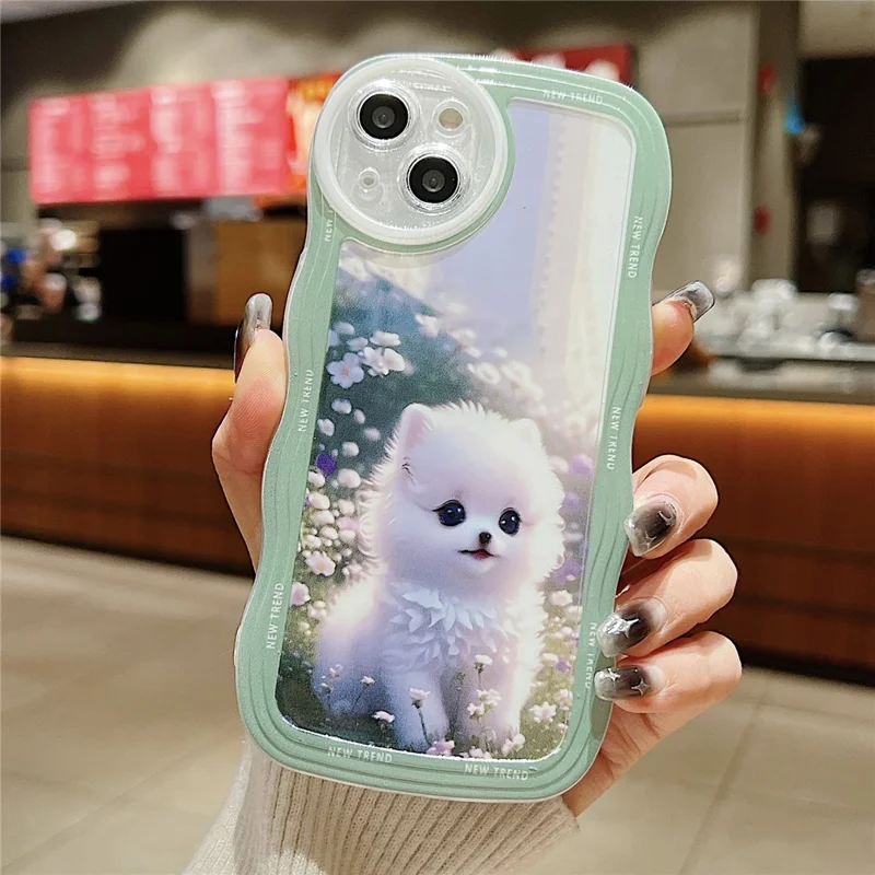 For iPhone 15 Case Curly Wave Frame Pattern Printed TPU Phone Cover - Dog