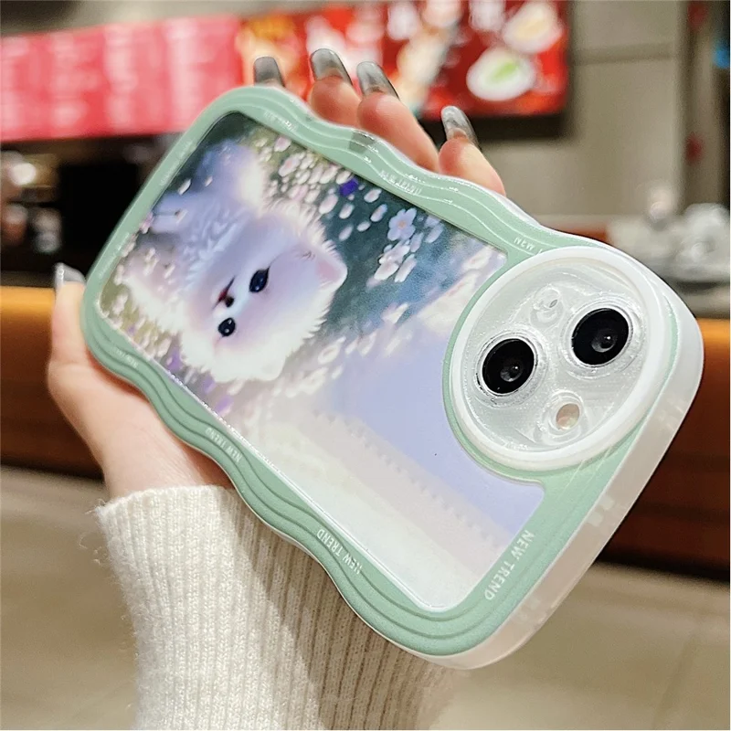 For iPhone 15 Case Curly Wave Frame Pattern Printed TPU Phone Cover - Dog