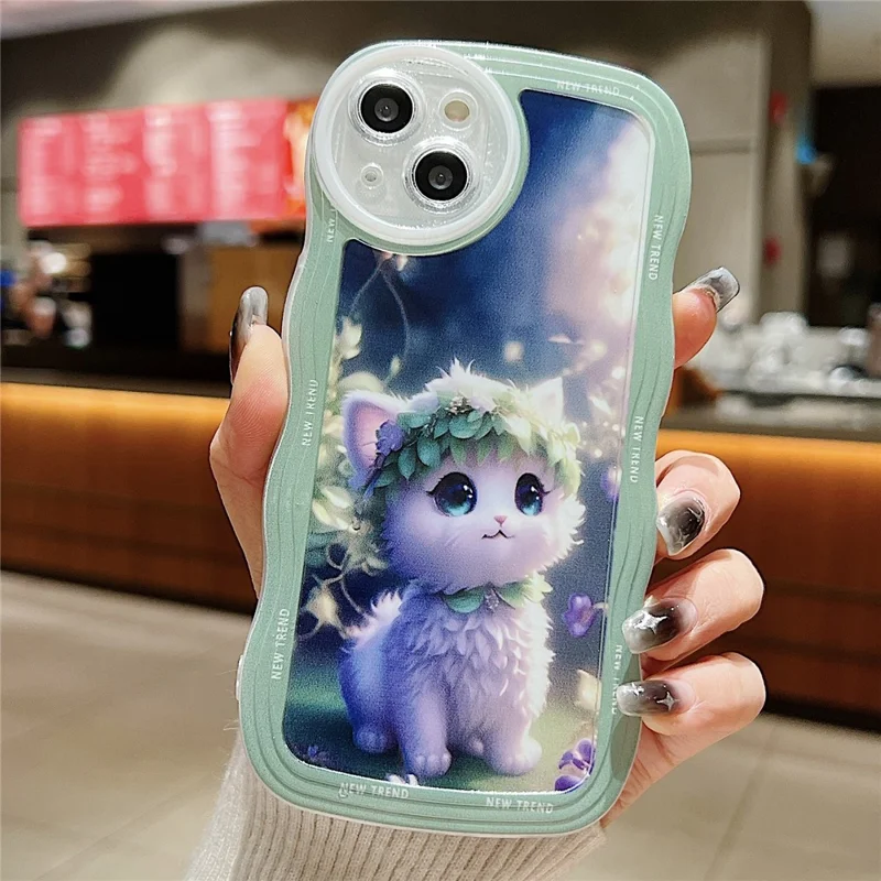 For iPhone 15 Case Curly Wave Frame Pattern Printed TPU Phone Cover - Cat