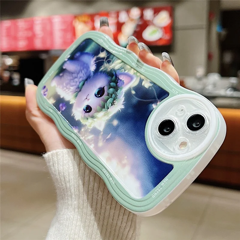 For iPhone 15 Case Curly Wave Frame Pattern Printed TPU Phone Cover - Cat