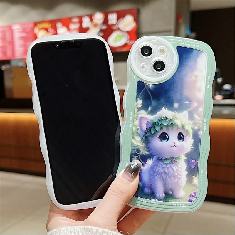 For iPhone 15 Case Curly Wave Frame Pattern Printed TPU Phone Cover - Cat