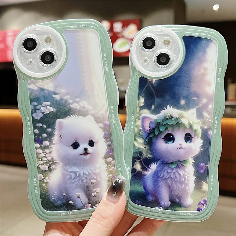 For iPhone 15 Case Curly Wave Frame Pattern Printed TPU Phone Cover - Cat
