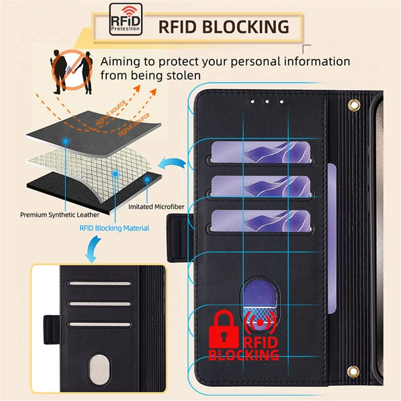 For Xiaomi Redmi A3 / Poco C61 4G Leather Case RFID Blocking Wallet Phone Cover with Crossbody Strap - Black