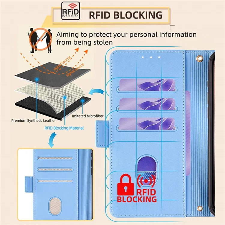 Para Huawei nova 12i 4G Capa de Telefone Carteira RFID Blocking Crossbody Leather Stand Cover - Azul