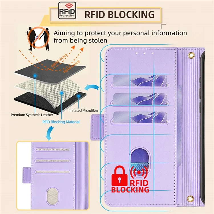 Funda cartera con correa cruzada y bloqueo RFID de piel sintética para Samsung Galaxy M15 5G - Púrpura