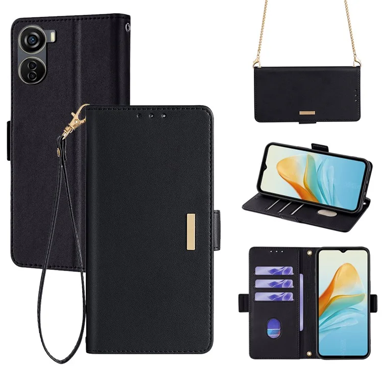 For ZTE Axon 40 Lite Crossbody Leather Case RFID Blocking Wallet Stand Phone Cover - Black