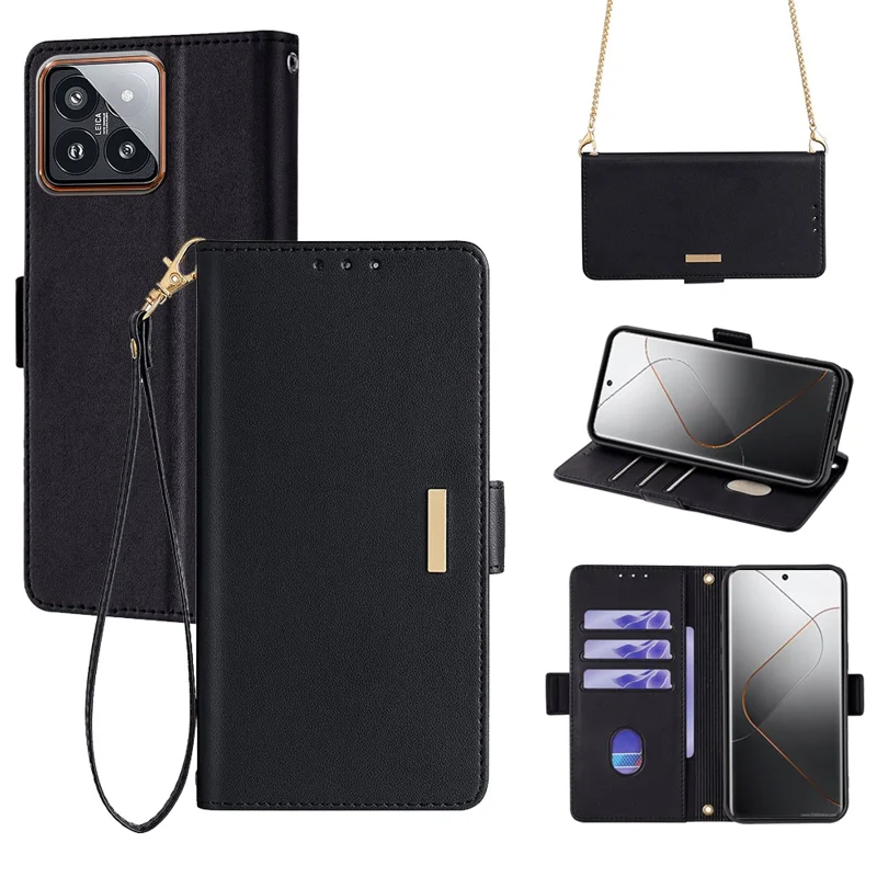For Xiaomi 14 Pro Case with Golden Chain Shoulder Strap RFID Blocking Leather Phone Cover - Black