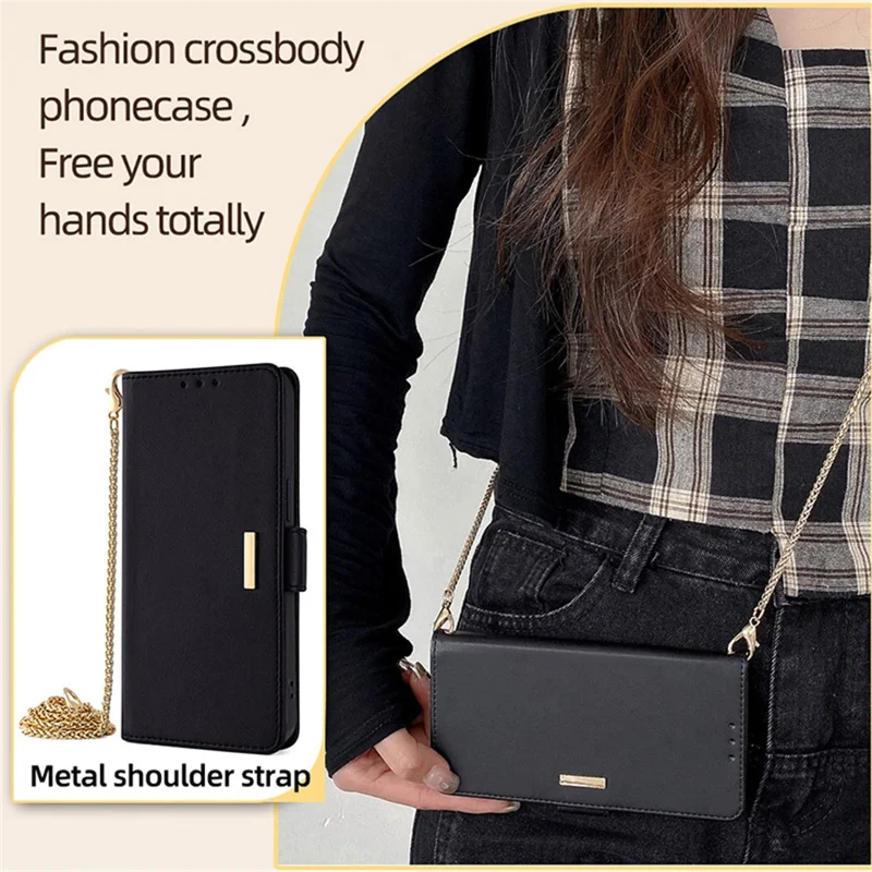 For Xiaomi 14 Pro Case with Golden Chain Shoulder Strap RFID Blocking Leather Phone Cover - Black