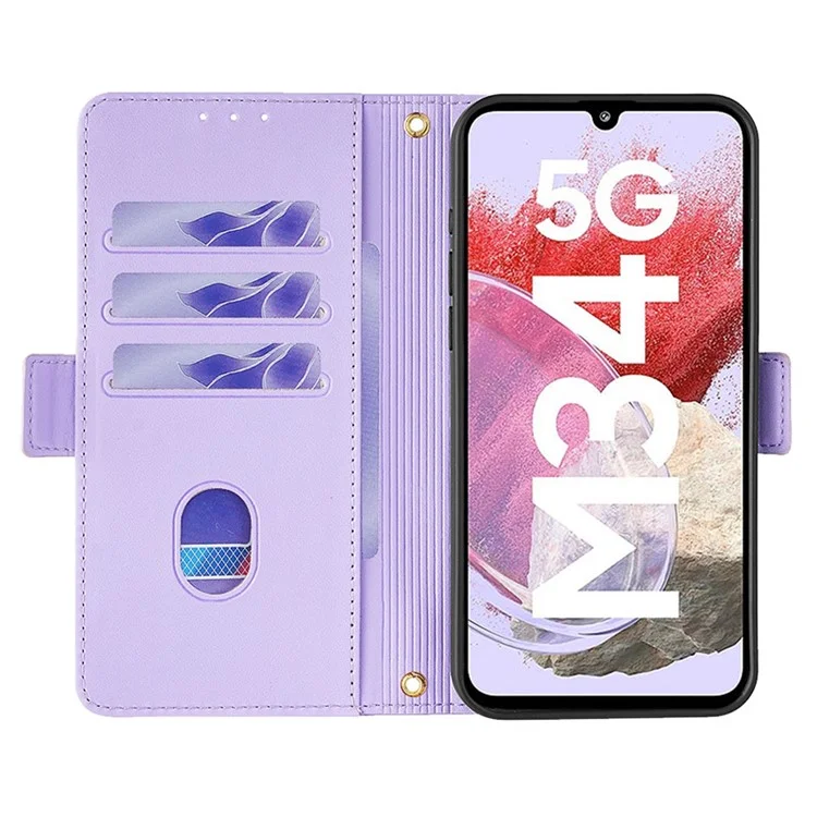 For Samsung Galaxy M34 5G / F34 5G Wallet Case RFID Blocking Leather Phone Cover with 2 Straps - Purple