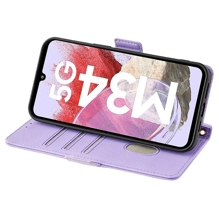 For Samsung Galaxy M34 5G / F34 5G Wallet Case RFID Blocking Leather Phone Cover with 2 Straps - Purple