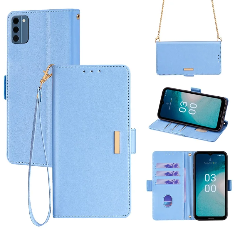 For Nokia C300 Case RFID Blocking Flip Leather Handbag Phone Cover with Shoulder Chain - Blue