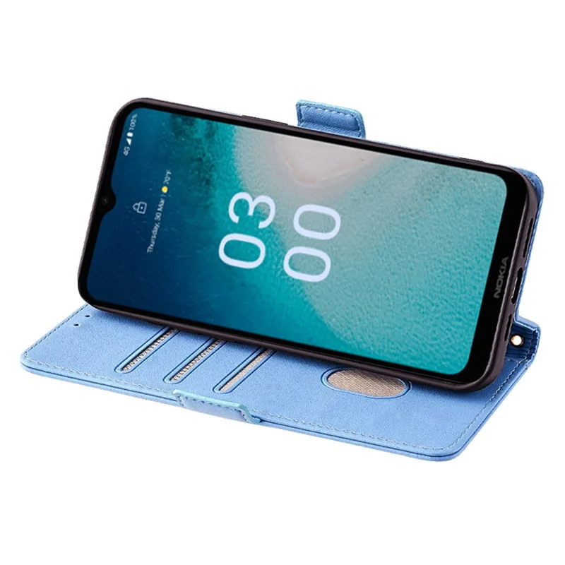 For Nokia C300 Case RFID Blocking Flip Leather Handbag Phone Cover with Shoulder Chain - Blue