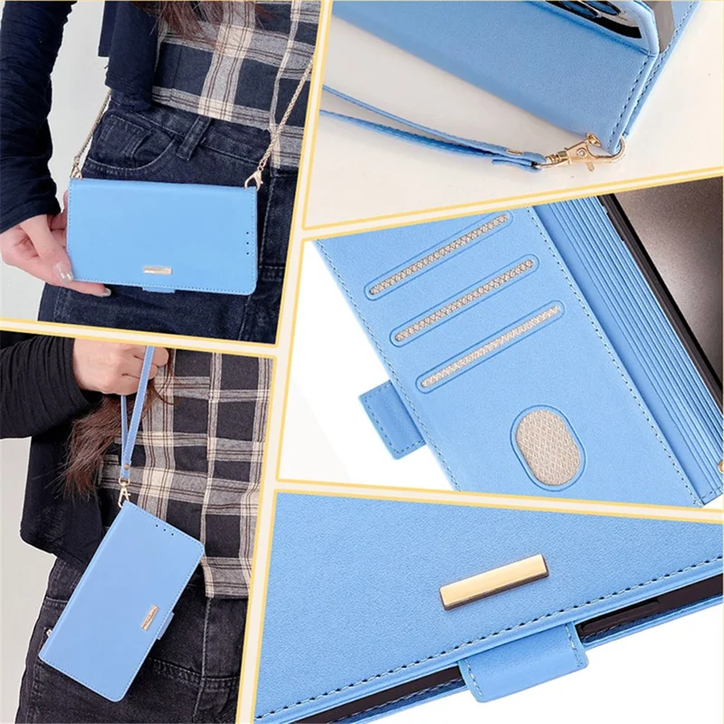 For Nokia C300 Case RFID Blocking Flip Leather Handbag Phone Cover with Shoulder Chain - Blue
