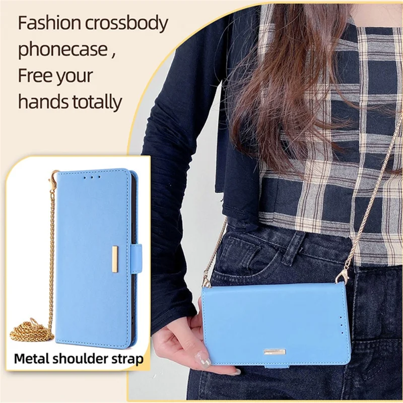 For Nokia C300 Case RFID Blocking Flip Leather Handbag Phone Cover with Shoulder Chain - Blue