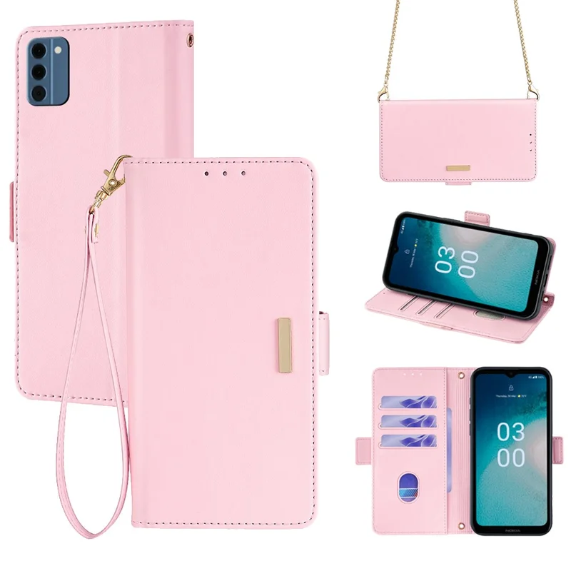 For Nokia C300 Case RFID Blocking Flip Leather Handbag Phone Cover with Shoulder Chain - Pink
