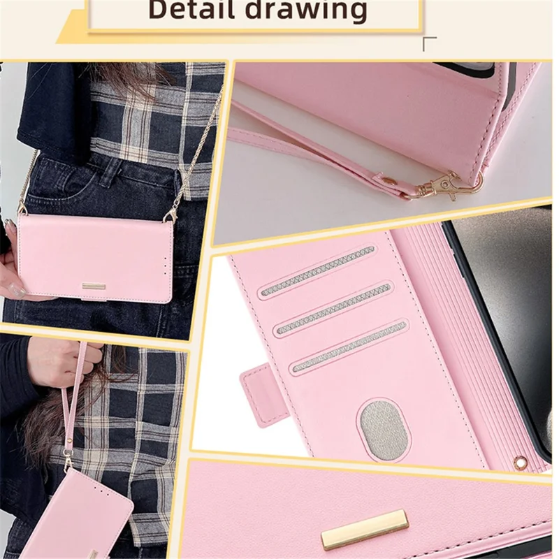 For Nokia C300 Case RFID Blocking Flip Leather Handbag Phone Cover with Shoulder Chain - Pink