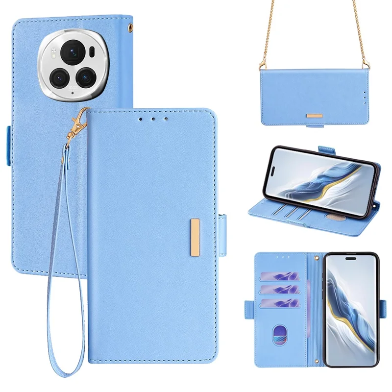 For Honor Magic6 5G Cover TPU+PU Leather Wallet Phone Case with Crossbody Shoulder Strap - Blue
