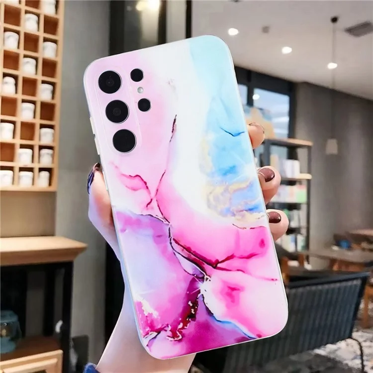 Para Samsung Galaxy S24 Ultra Funda Marble Effect Pattern Design TPU Phone Cover - Pink / Blue