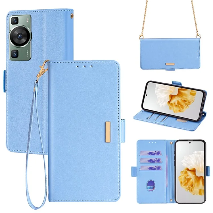 Para Huawei P60 / P60 Pro Funda de Piel con Correa para el Hombro Cartera Soporte Flip Phone Cover - Azul