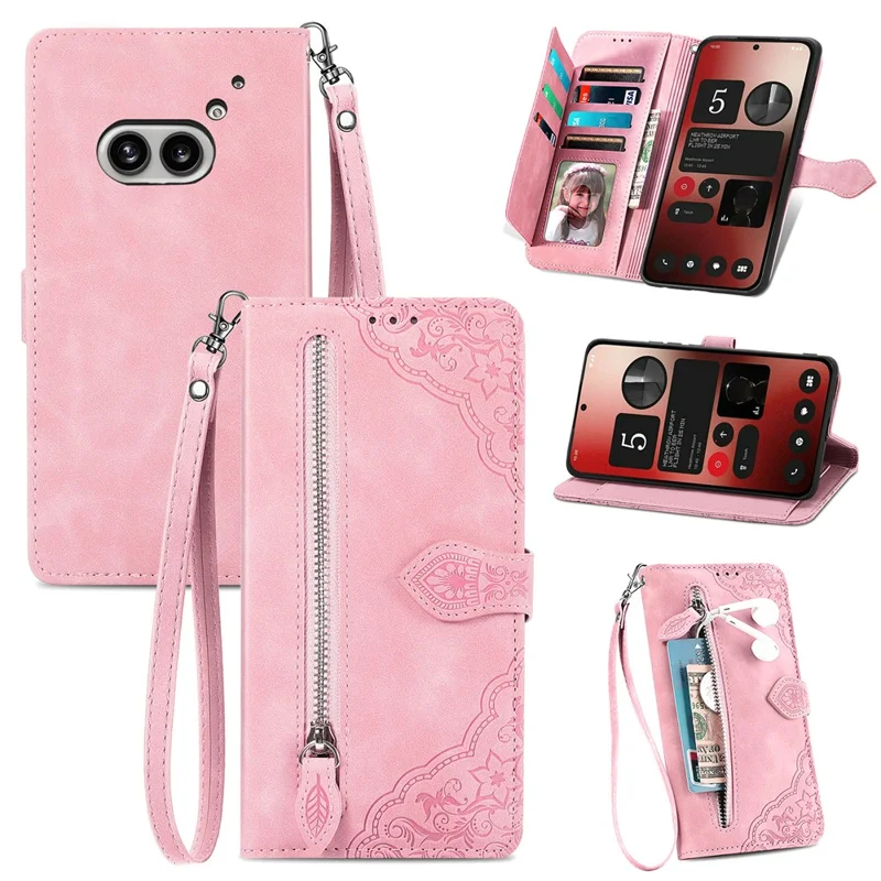 Für Nothing Phone (2a) Plus / Phone (2a) Case Reißverschluss-Geldbörse Blumenprägung PU-Leder Handyhülle Großhandel - Pink