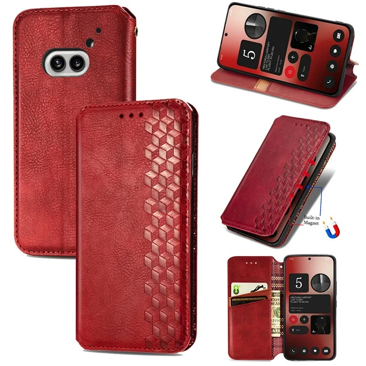 For Nothing Phone (2a) Plus / Phone (2a) PU Leather Case Rhombus Imprint Wallet Stand Phone Cover - Red