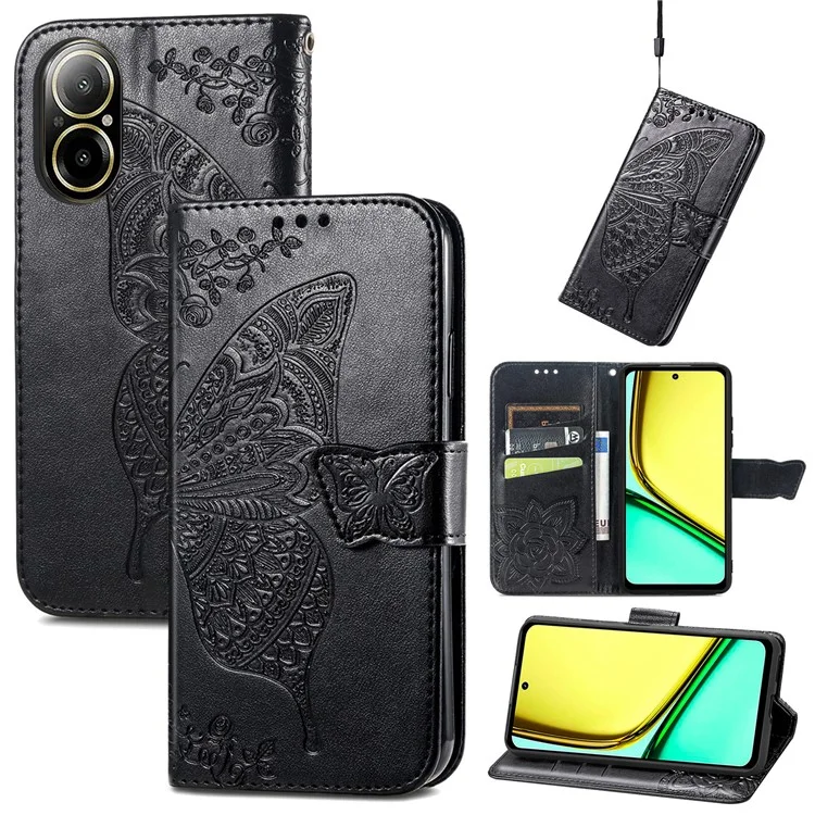 For Realme C67 4G Case Imprinted Butterfly PU Leather Cell Phone Cover Wholesale Online Stores - Black