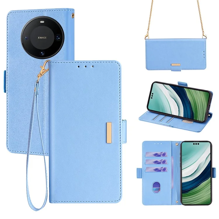 Para Huawei Mate 60 Pro / Mate 60 Pro+ Carcasa con Correa para el Hombro Bloqueo RFID Cubierta de Teléfono de Cuero - Azul