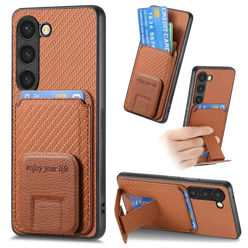 C1-11 for Samsung Galaxy S23 Case Bump Proof Leather Coated TPU Phone Shell with Folding Kickstand - Brown