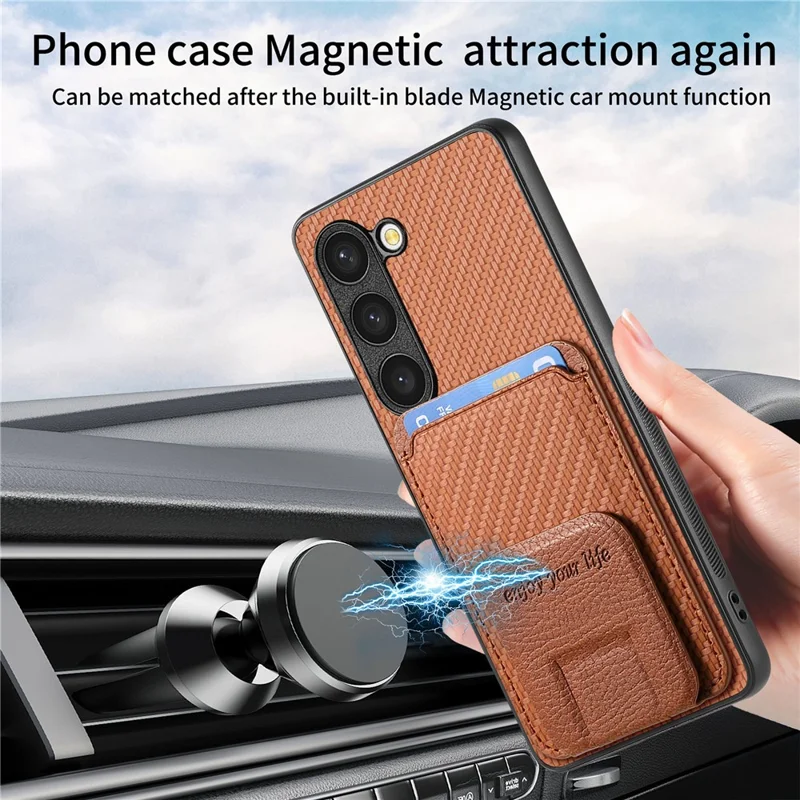 C1-11 for Samsung Galaxy S23 Case Bump Proof Leather Coated TPU Phone Shell with Folding Kickstand - Brown