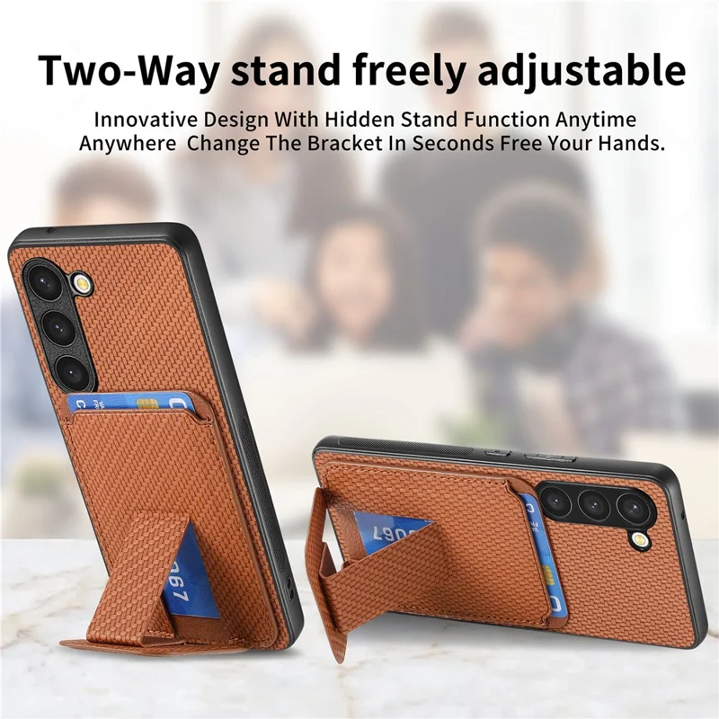 C1-11 for Samsung Galaxy S23 Case Bump Proof Leather Coated TPU Phone Shell with Folding Kickstand - Brown