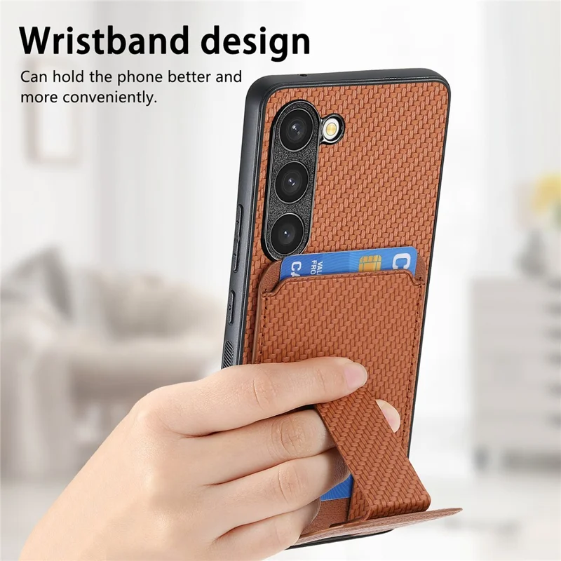 C1-11 for Samsung Galaxy S23 Case Bump Proof Leather Coated TPU Phone Shell with Folding Kickstand - Brown