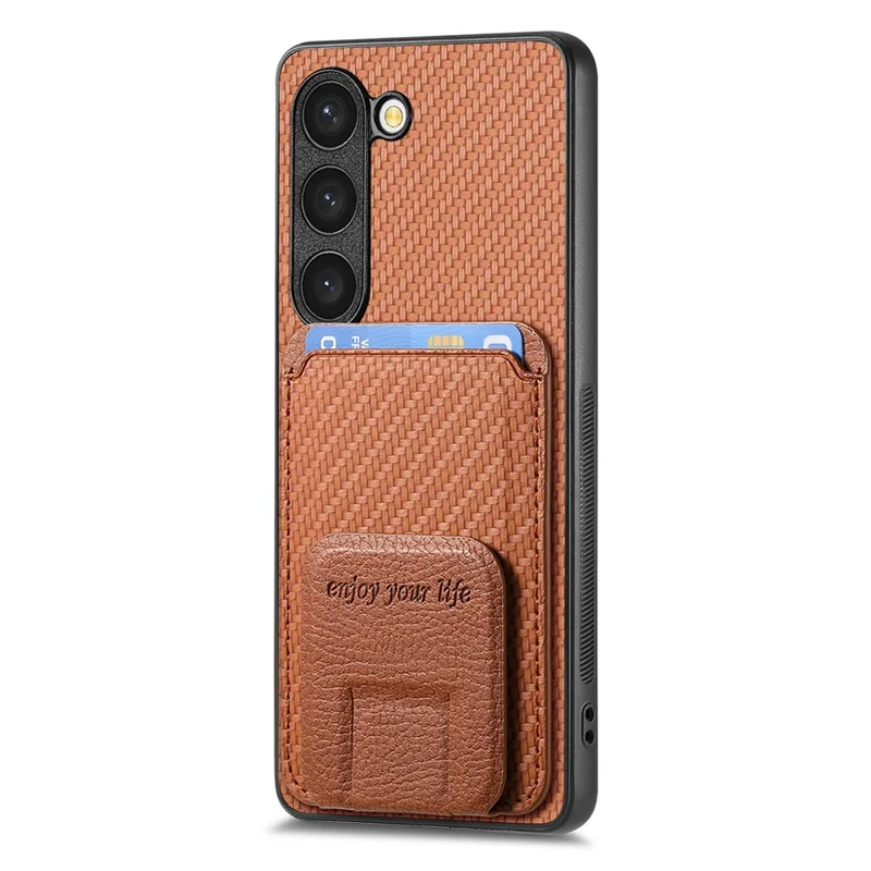 C1-11 for Samsung Galaxy S23 Case Bump Proof Leather Coated TPU Phone Shell with Folding Kickstand - Brown
