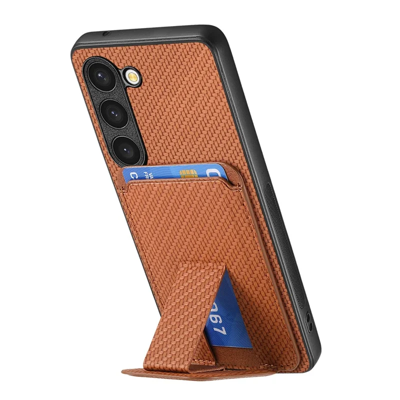 C1-11 for Samsung Galaxy S23 Case Bump Proof Leather Coated TPU Phone Shell with Folding Kickstand - Brown