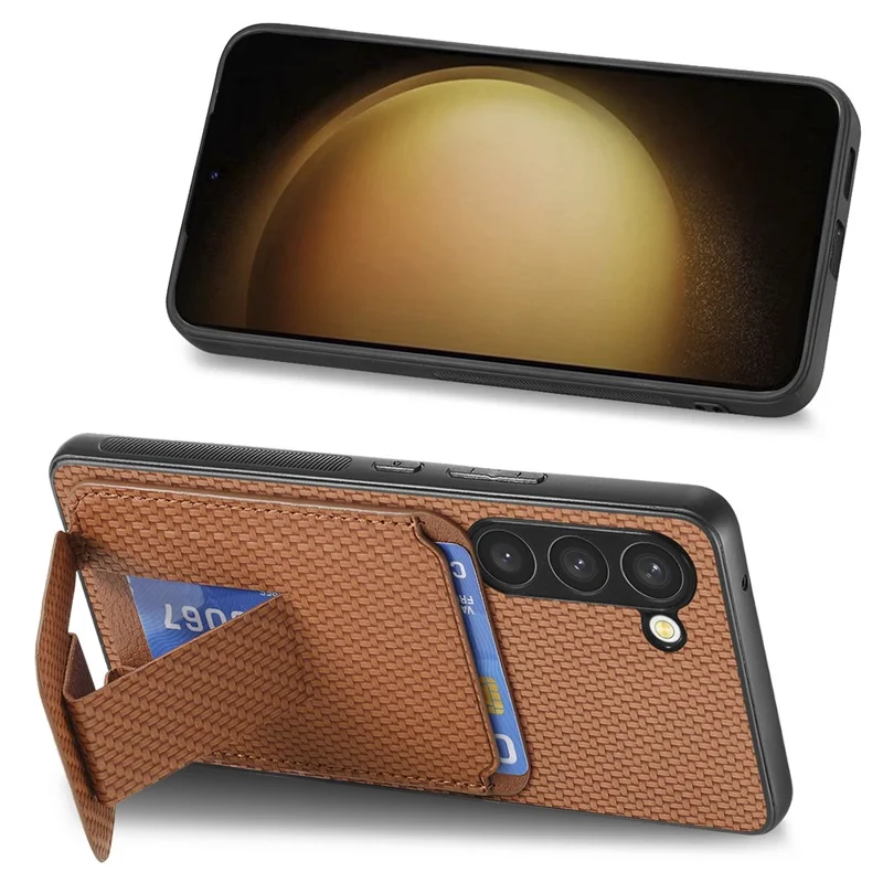 C1-11 for Samsung Galaxy S23 Case Bump Proof Leather Coated TPU Phone Shell with Folding Kickstand - Brown