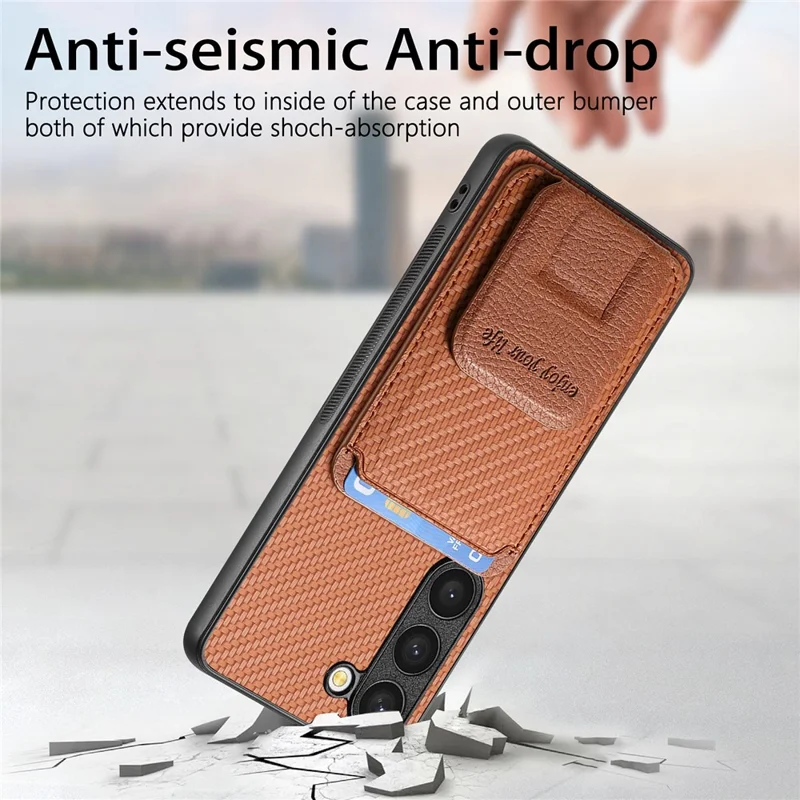 C1-11 for Samsung Galaxy S23 Case Bump Proof Leather Coated TPU Phone Shell with Folding Kickstand - Brown