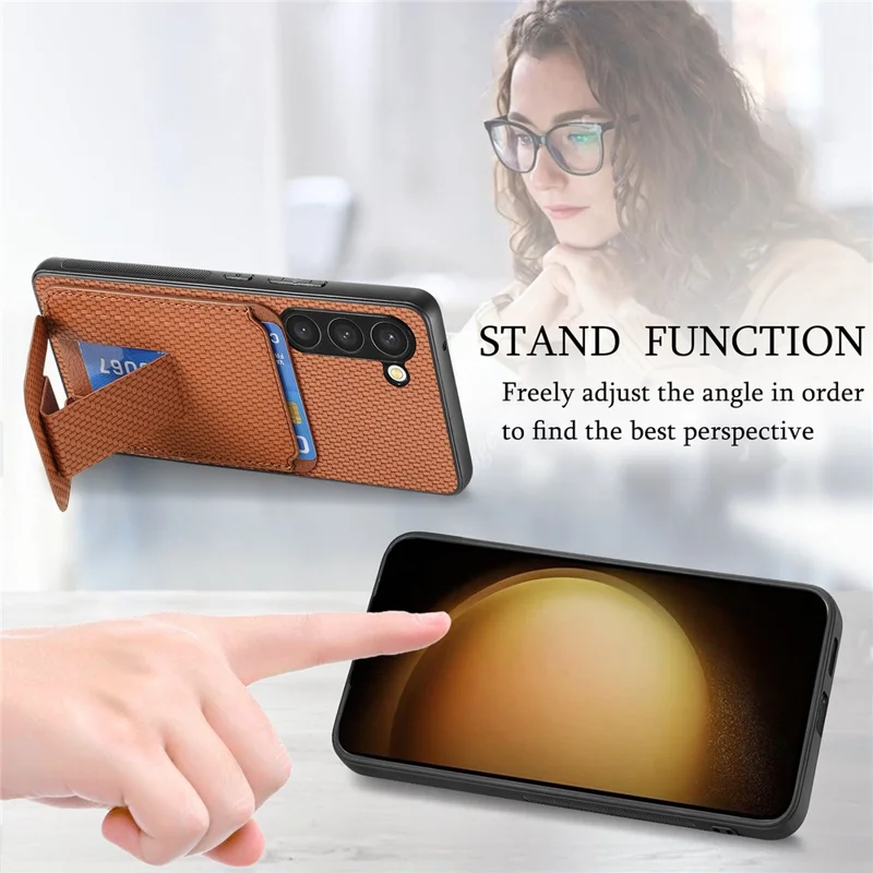 C1-11 for Samsung Galaxy S23 Case Bump Proof Leather Coated TPU Phone Shell with Folding Kickstand - Brown