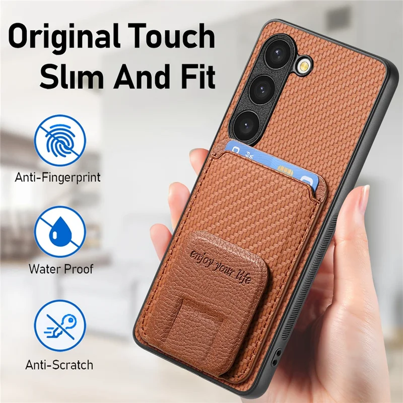 C1-11 for Samsung Galaxy S23 Case Bump Proof Leather Coated TPU Phone Shell with Folding Kickstand - Brown
